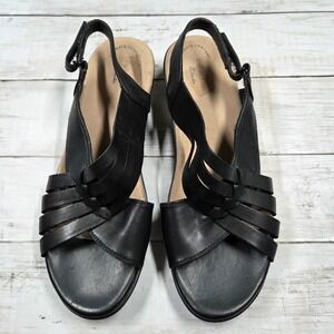 Clarks Sandals Women 9 Black Collection Leather Strappy Wedge Slingback Comfort